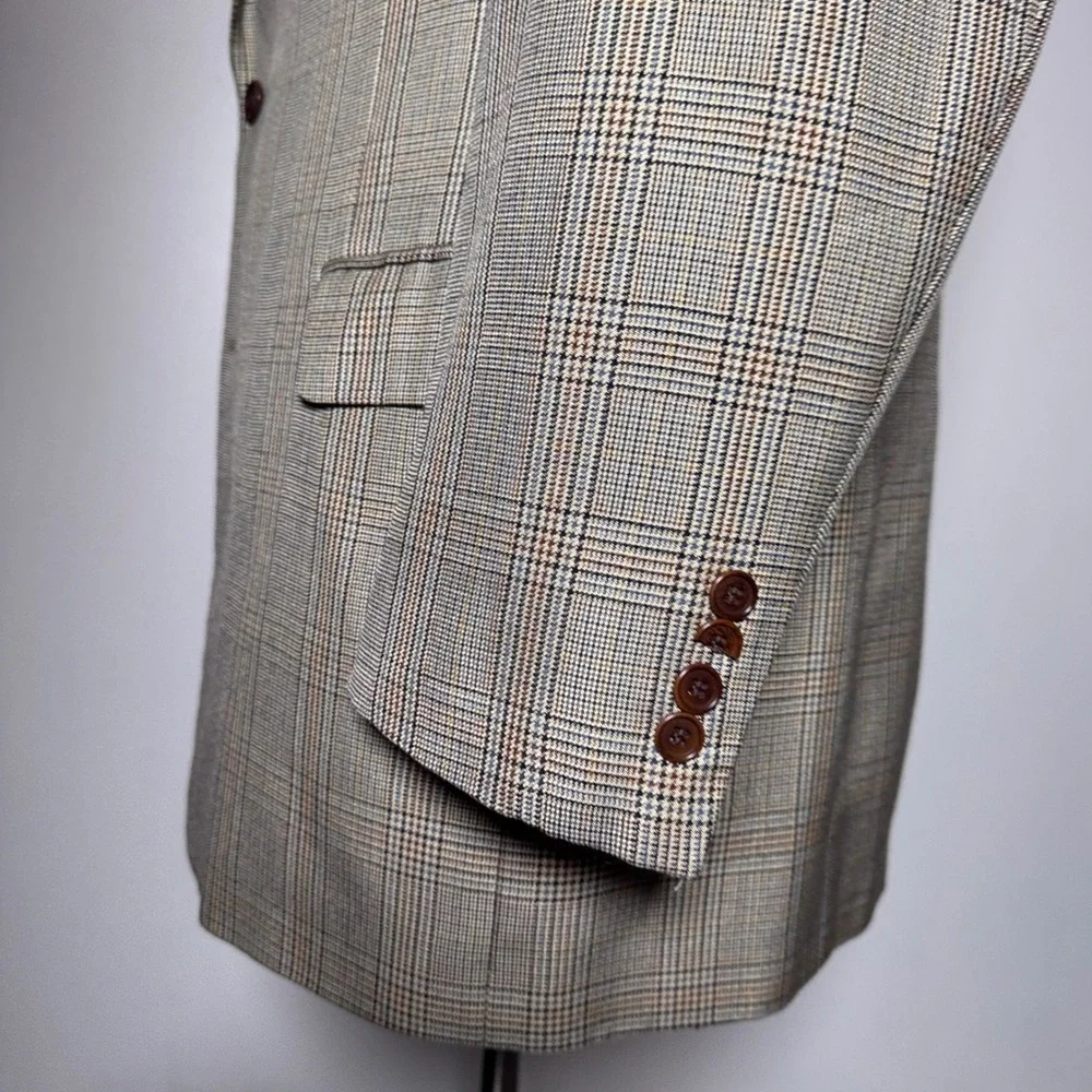 Brooks Brothers Sport Coat Mens 46L Tan Glen Plaid‎ Silk Wool Blend Blazer